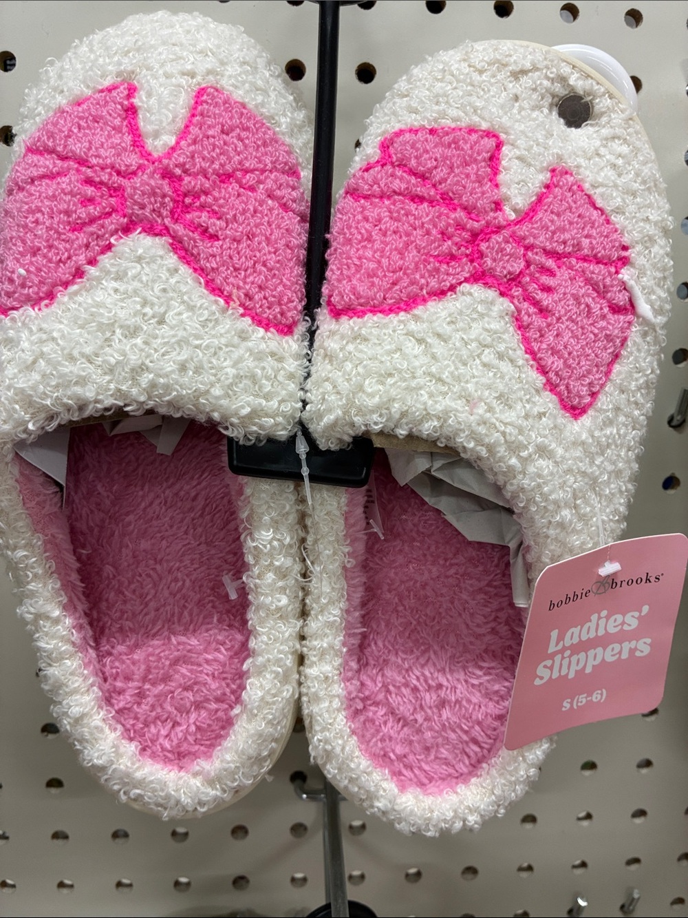Bobbie Brooks White Fuzzy Slippers with Pink Bow Accent